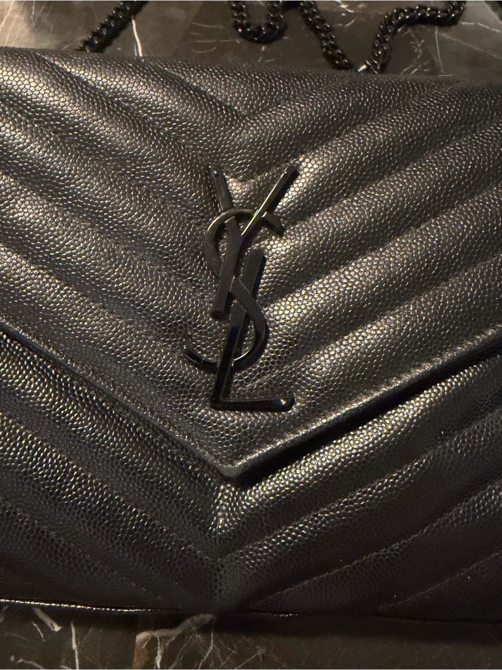 YSL / Saint Laurent - Black Chevron Quilted Leather Metal Black Chain Crossbody - Picture 5 of 14
